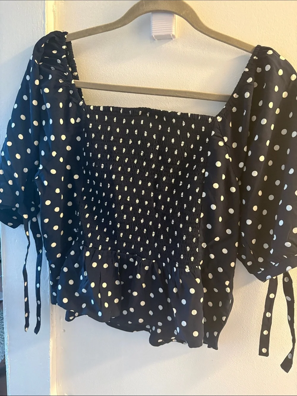 J.Crew Polka Dot Navy Puff Sleeve Peasant Top